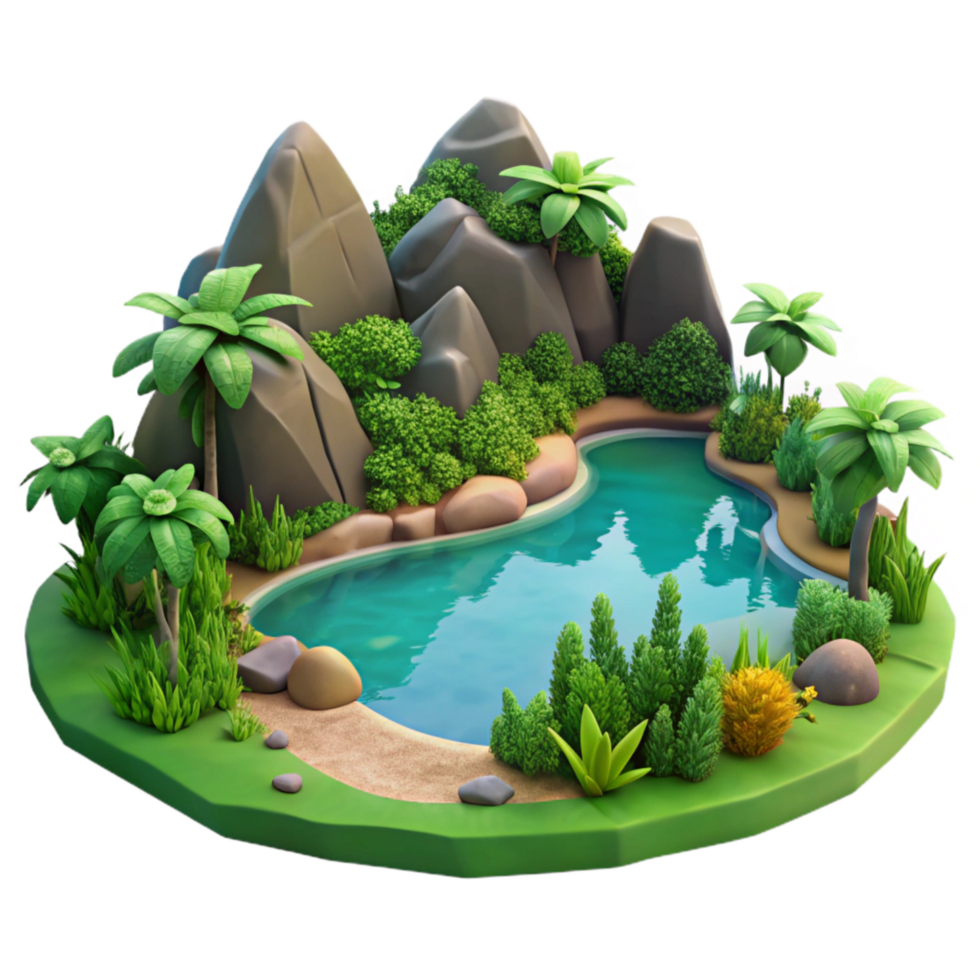 impressive contemporary Summer Lake Landscape with Lush Greenery Isolated high resolution png