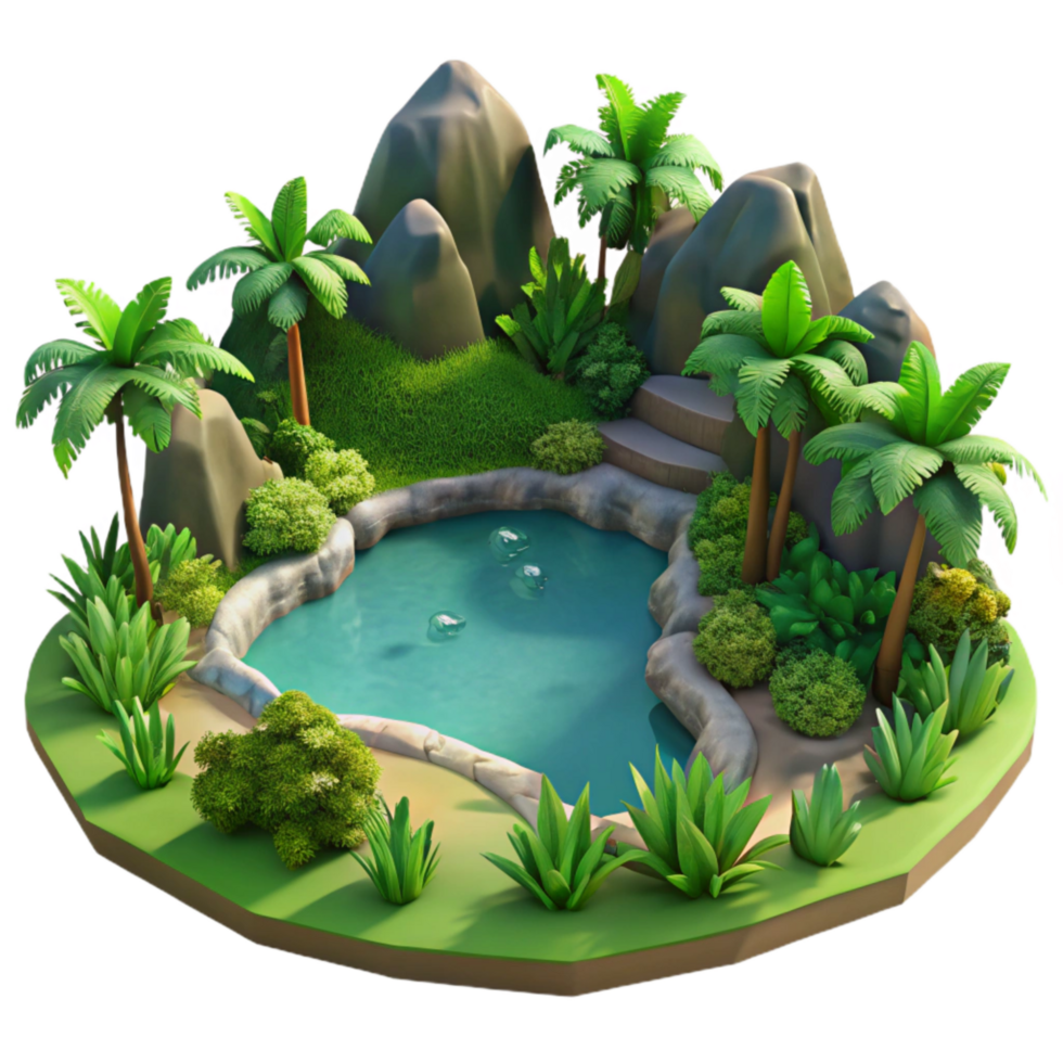 extraordinary minimalist Summer Lake Landscape with Lush Greenery Isolated professional png