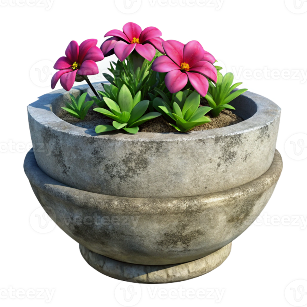 stunning artistic Weathered Concrete Planter with Flowers Cutout exclusive png