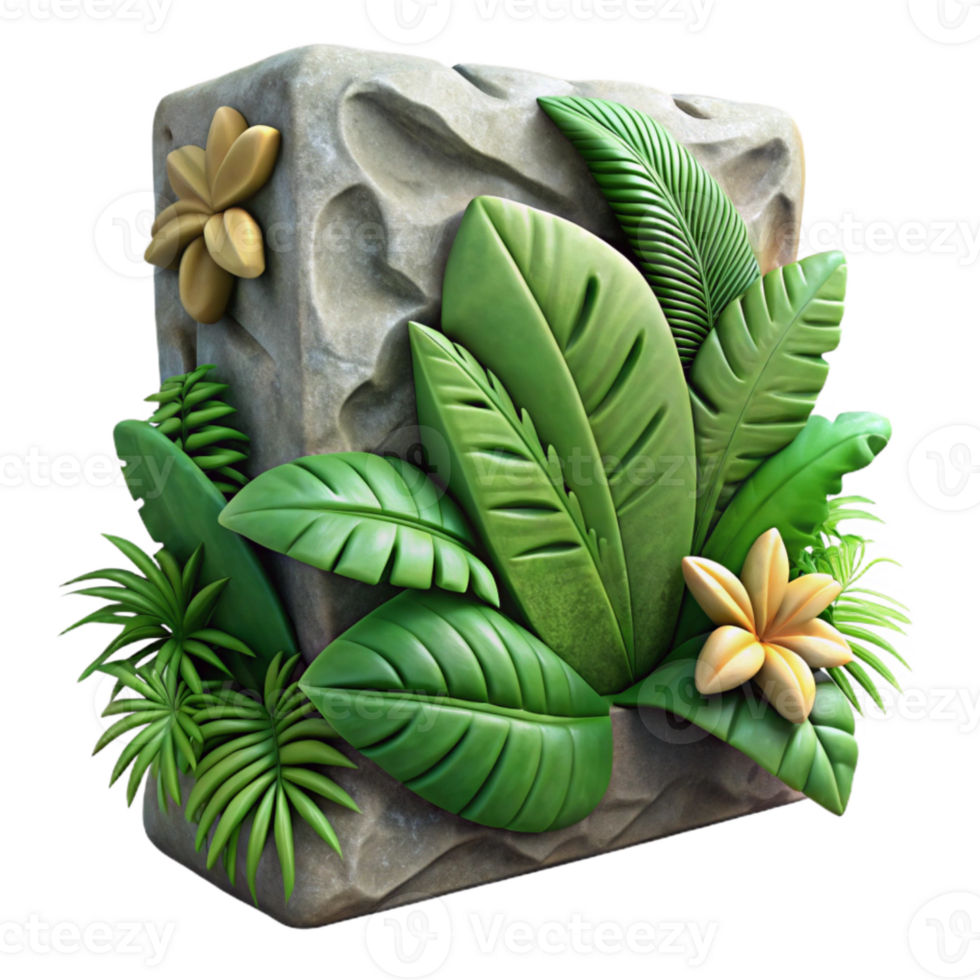 extraordinary abstract Weathered Stone Relief Carving with Tropical Foliage Isolated professional png