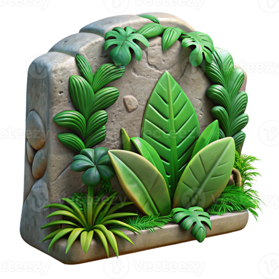 elegant contemporary Weathered Stone Relief Carving with Tropical Foliage Isolated png