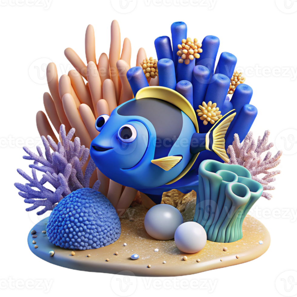serene abstract Coral Reef Scene with Blue Tang Fish Isolated premium png