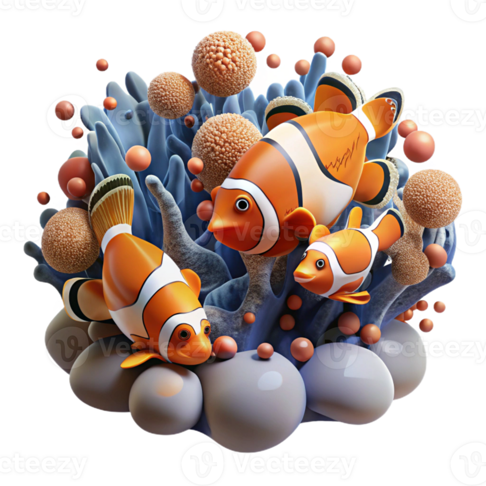 vibrant vintage Group of Clownfish with Coral Isolated original png