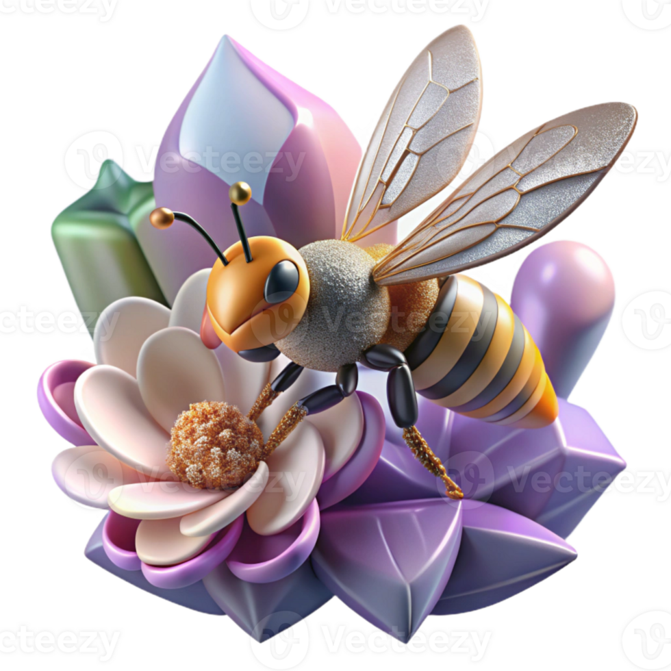 serene modern Bee Pollinating Flower Close Up Transparent Background authentic png
