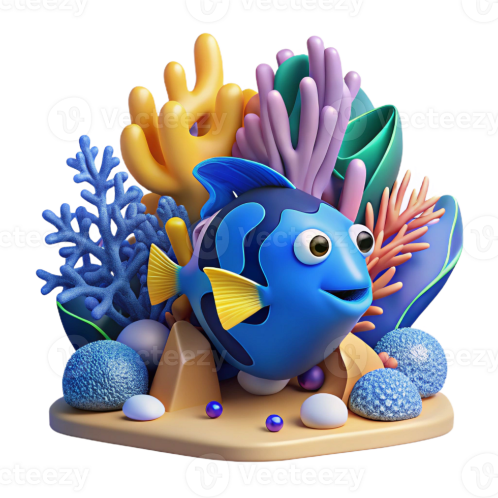 dramatic artistic Coral Reef Scene with Blue Tang Fish Isolated detailed png