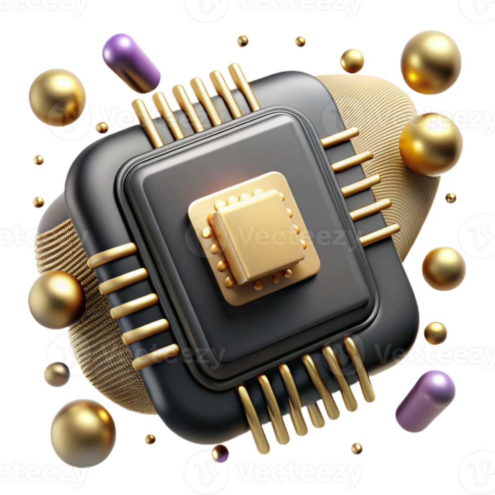 serene modern D Rendered Microchip with Gold Contacts Cutout high resolution png