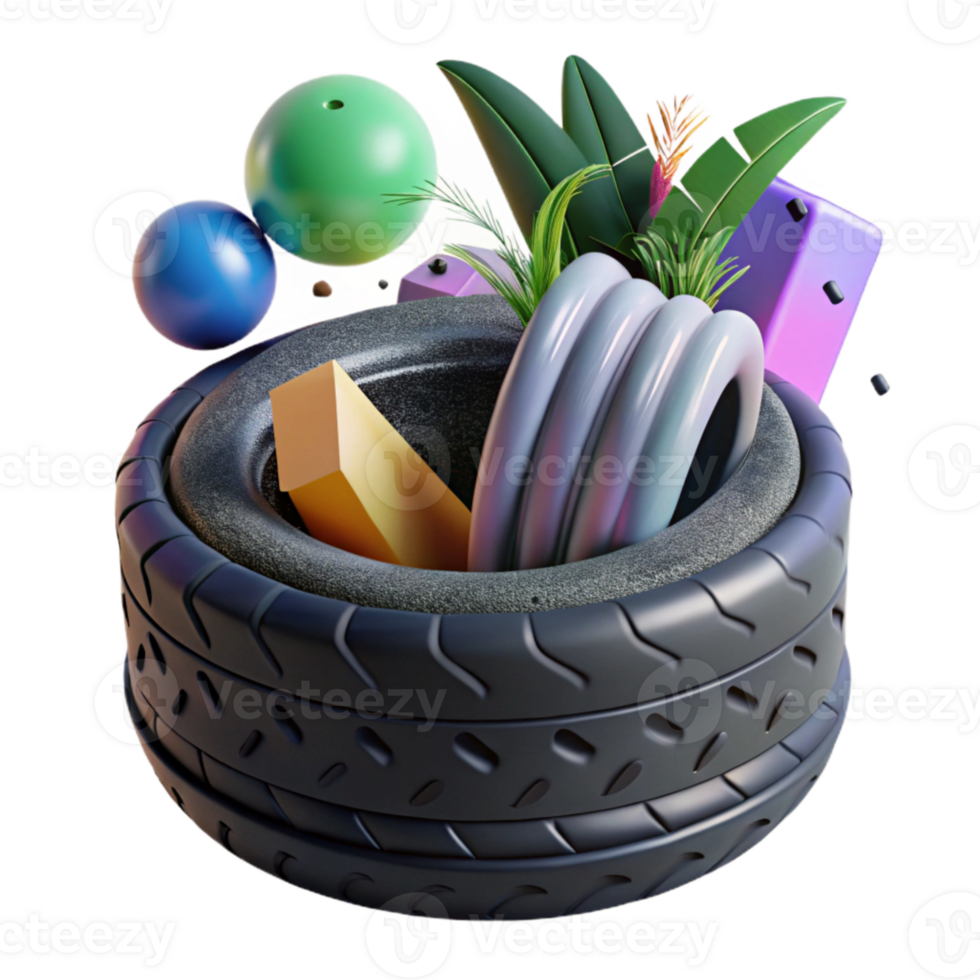 vibrant rustic Recycled Tire Planter Black Color Transparent Background exclusive png