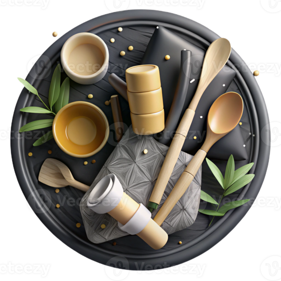dramatic abstract Bamboo Utensils Set Top View Isolated detailed png
