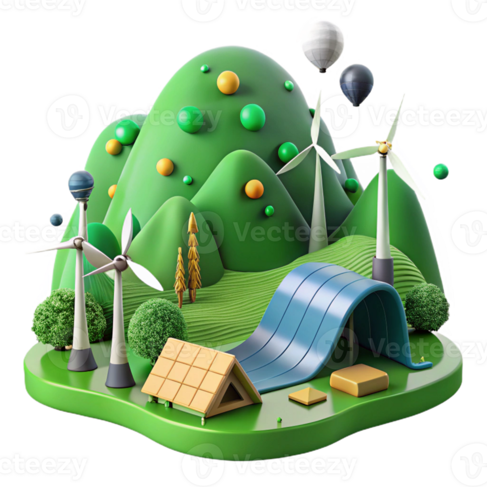impressive classic Green Energy Landscape with Windmills and Solar Panels Transparent Background premium png