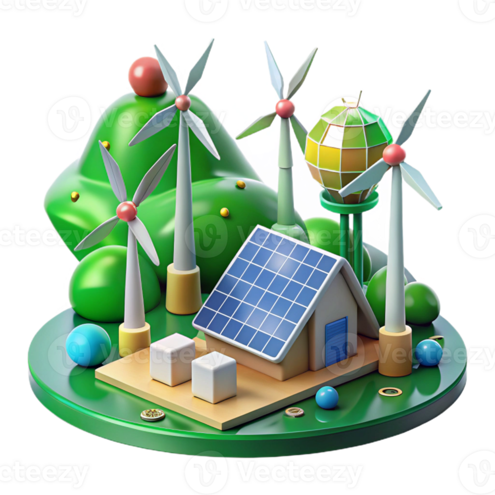 extraordinary minimalist Green Energy Landscape with Windmills and Solar Panels Transparent Background png