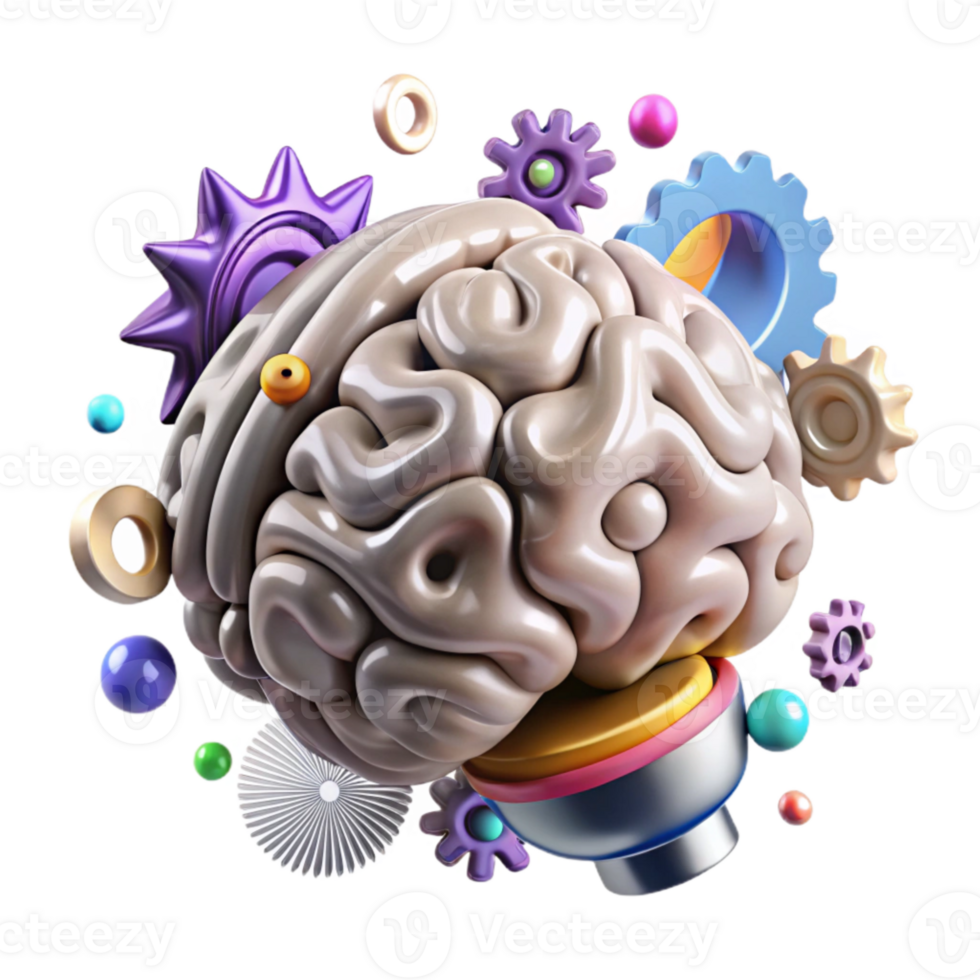 dramatic vintage Brain with Cogs Rotating Silver Isolated high quality png