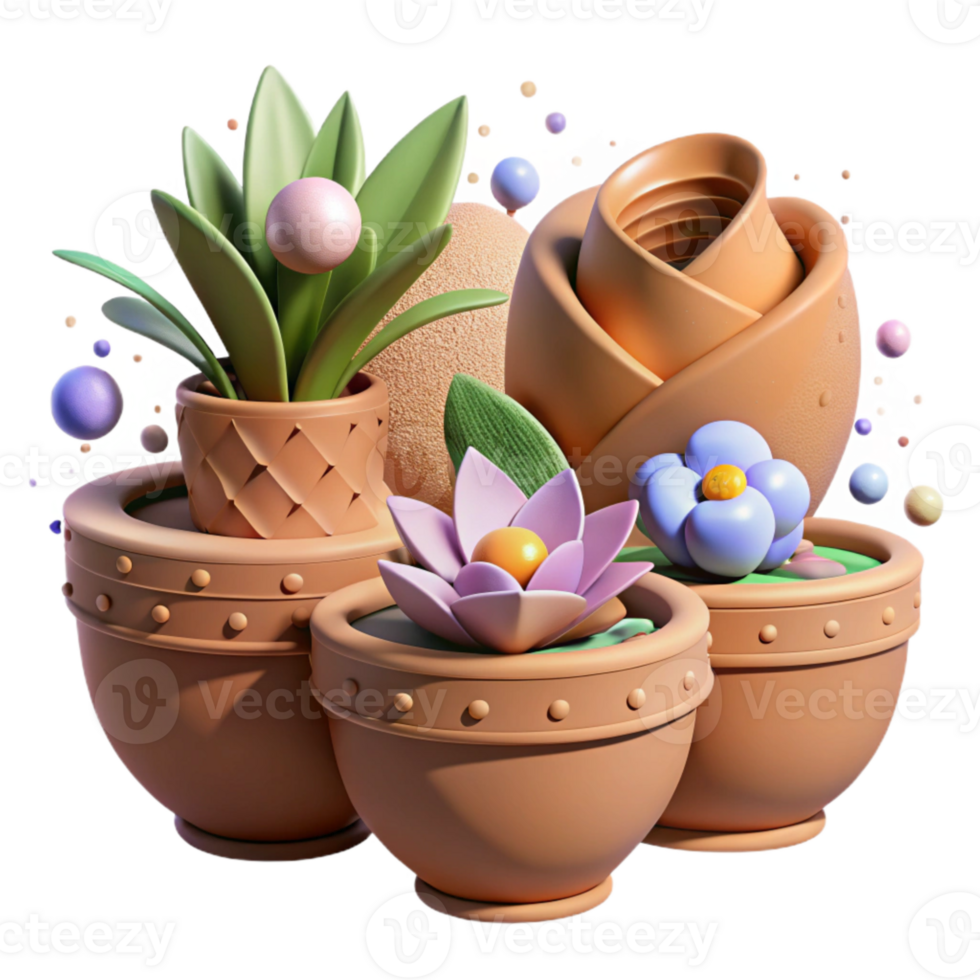 extraordinary creative Terracotta Pots with Flowers Side View Isolated professional png