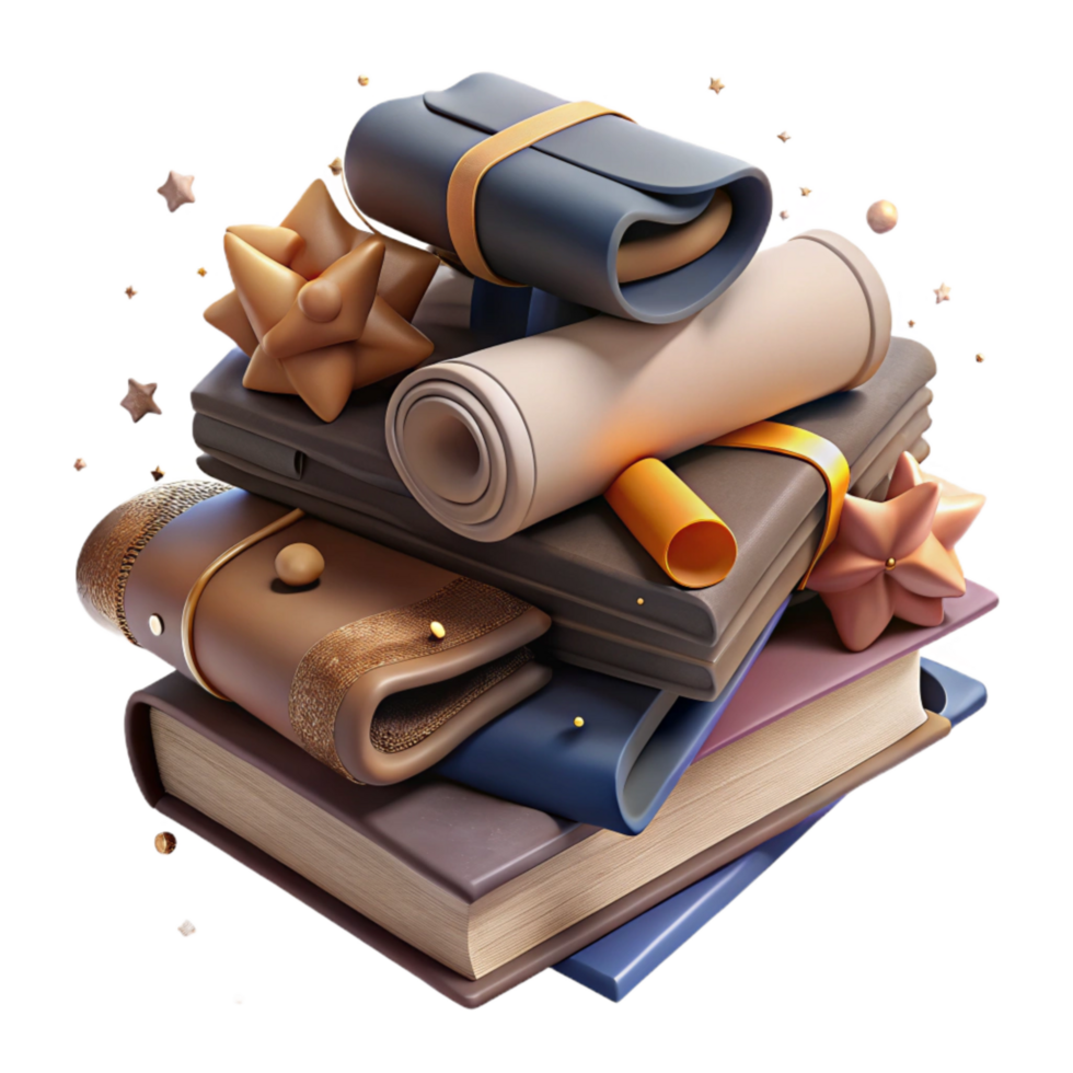 serene modern Pile of Old Books and Scrolls Cutout Dusty Texture high quality png