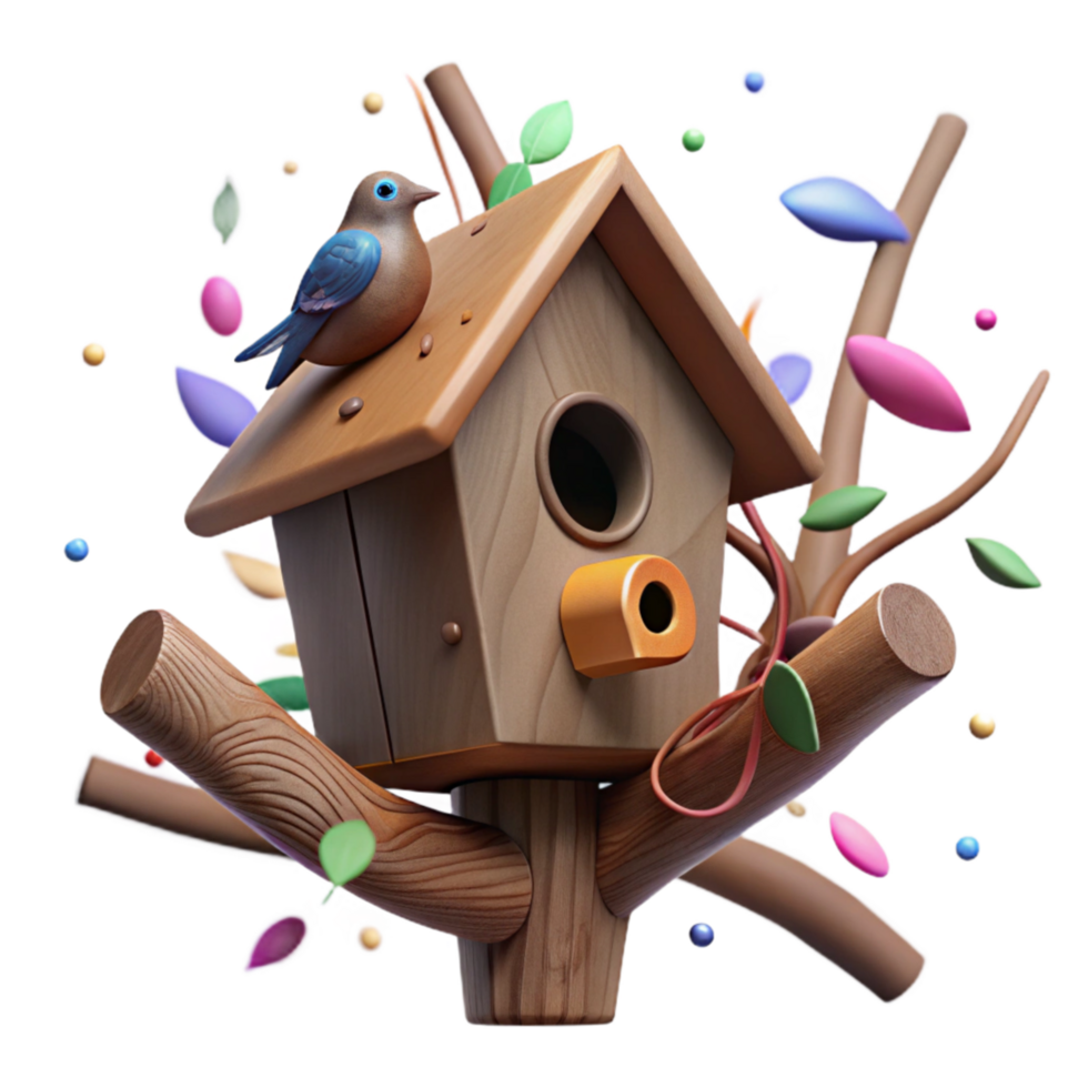 beautiful contemporary Wooden Birdhouse on Branch Front View Cutout png