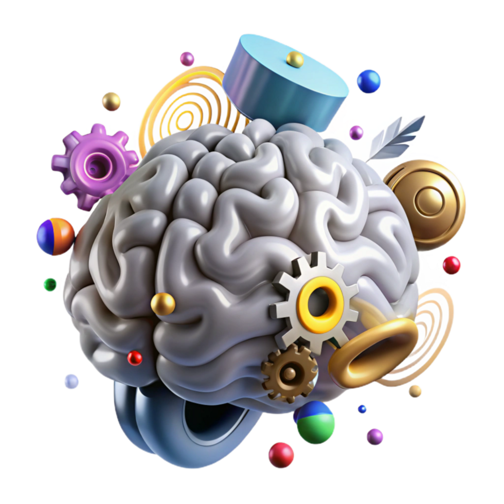serene creative Brain with Cogs Rotating Silver Isolated detailed png