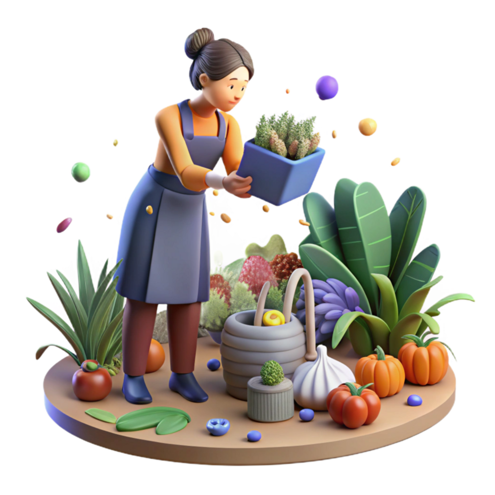 magnificent contemporary Woman Harvesting Vegetables in Garden Side View png