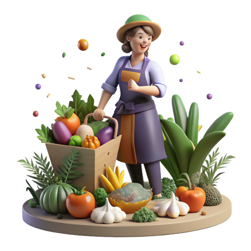 elegant modern Woman Harvesting Vegetables in Garden Side View high quality png