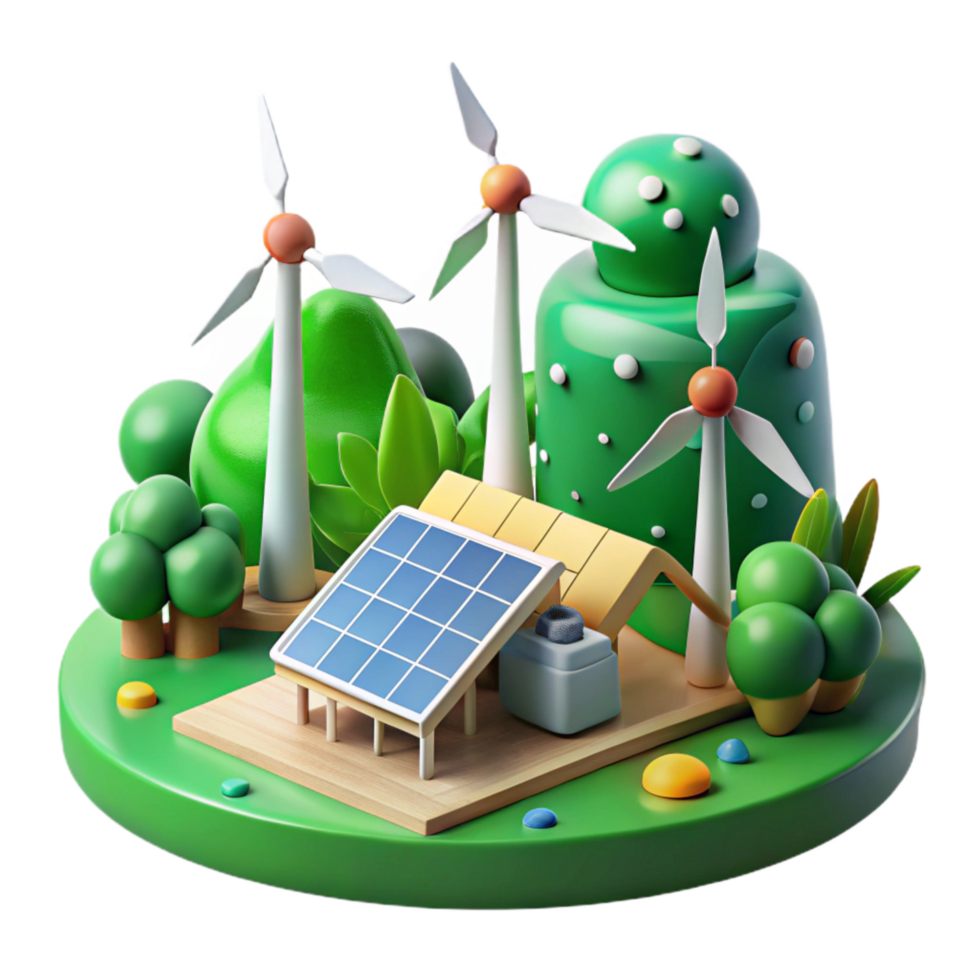 serene rustic Green Energy Landscape with Windmills and Solar Panels Transparent Background premium png