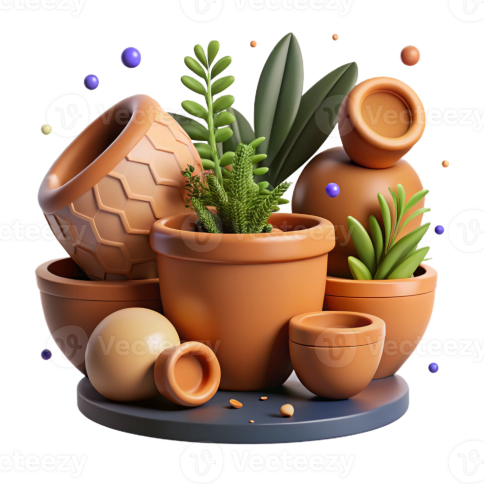 vibrant creative Terracotta Pots with Herbs Side View Cutout Element professional png