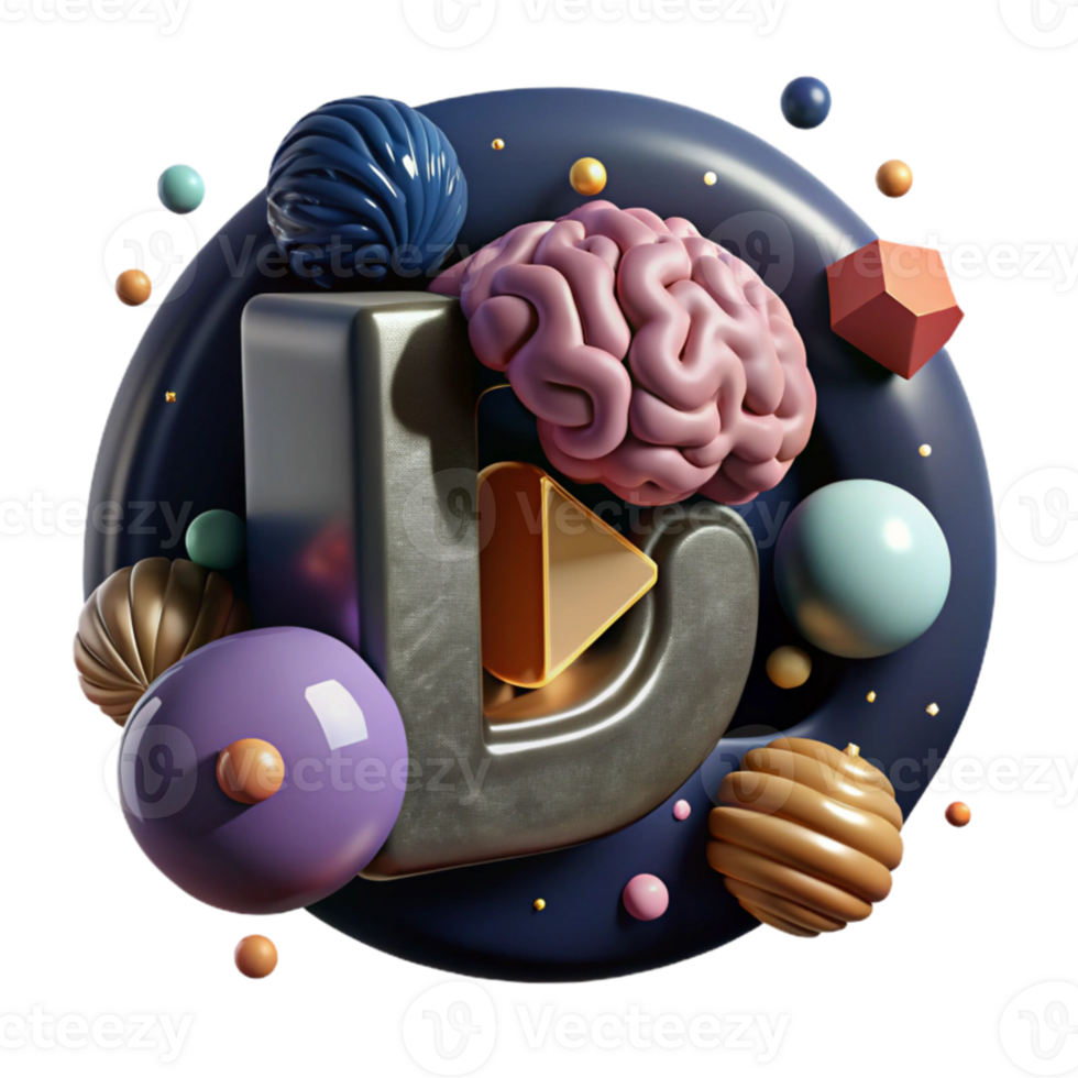 beautiful creative D Brain Render with Transparent Background detailed png