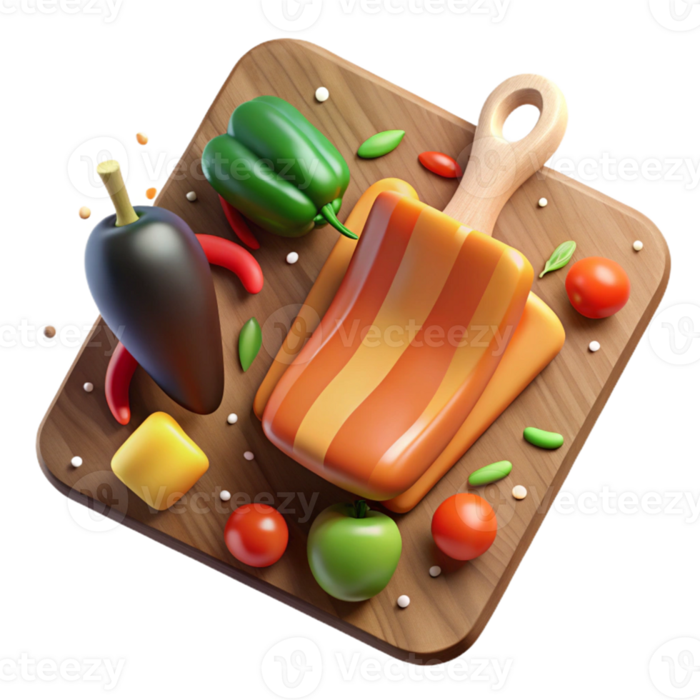 impressive creative Wooden Cutting Board with Vegetables Transparent png
