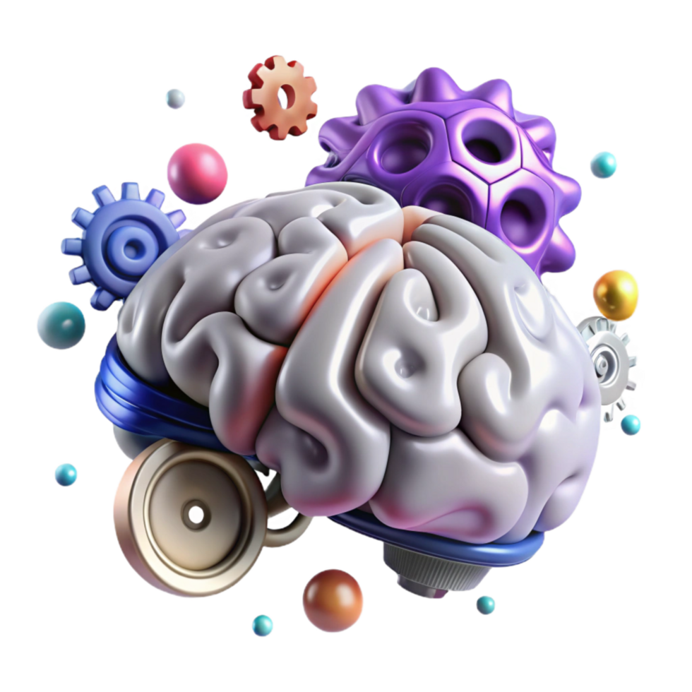 dramatic modern Brain with Cogs Rotating Silver Isolated premium png