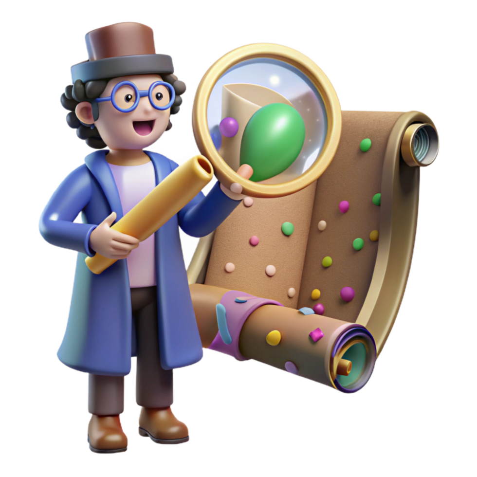 vibrant minimalist Researcher Using Magnifying Glass on Papyrus Transparent Background premium png
