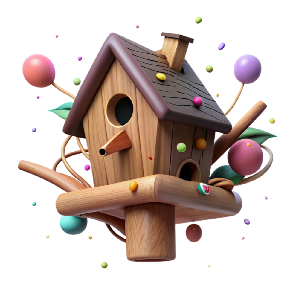 extraordinary modern Wooden Birdhouse on Branch Front View Cutout png
