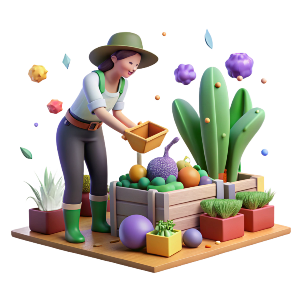 elegant artistic Woman Harvesting Vegetables in Garden Side View high resolution png