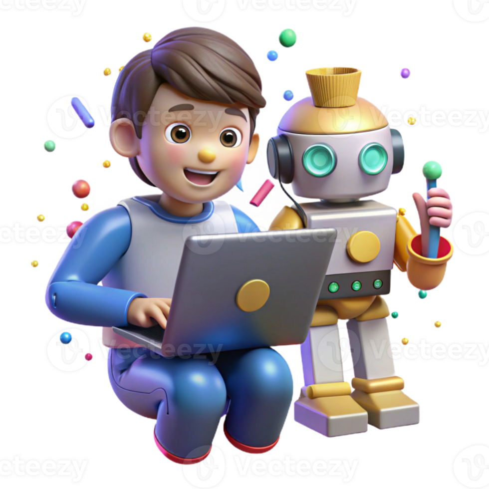 extraordinary abstract Child Programming Robot on Laptop Isolated detailed png