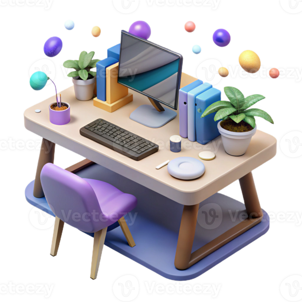 serene contemporary Virtual Office Environment Desk and Computer Isolated Element premium png