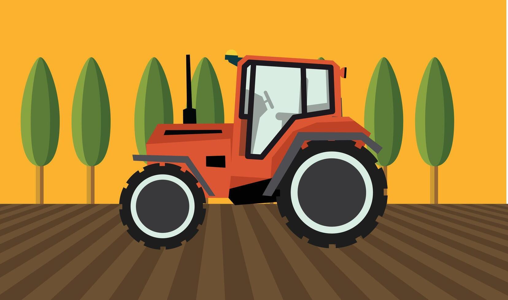 design illustration of a tractor working in a farm field, symbolizing agriculture, machinery vector