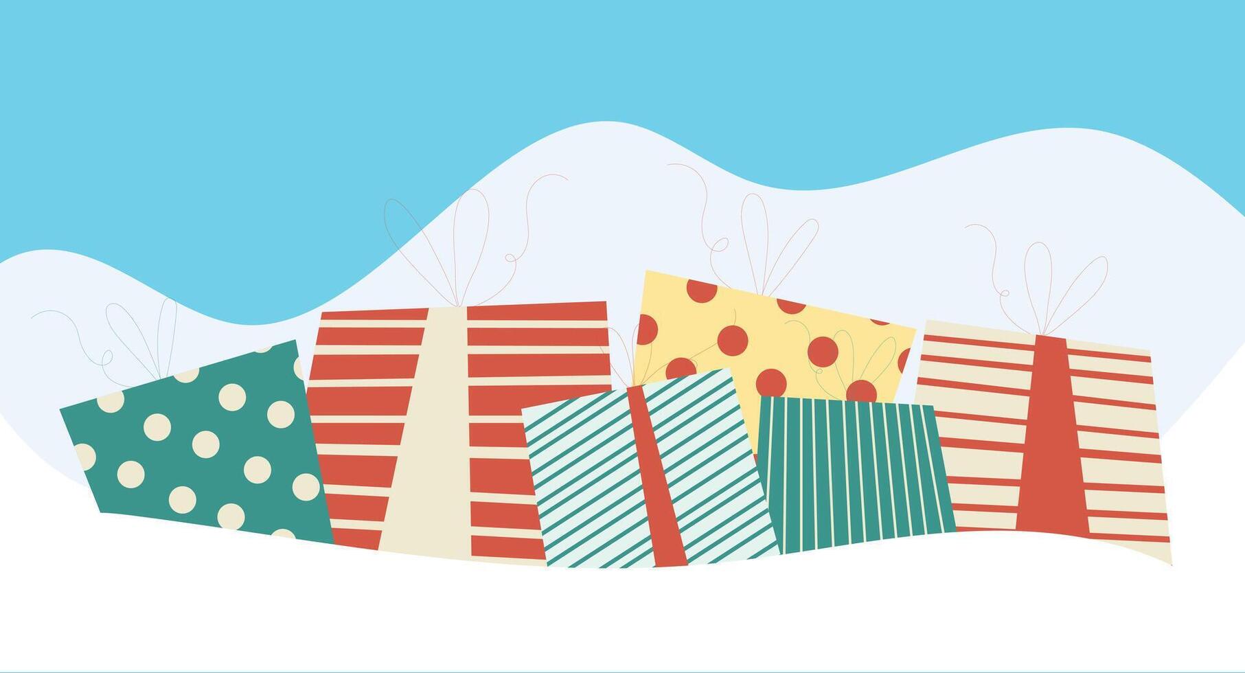 illustration of multiple carefully wrapped presents viewed from the top, featuring ribbons, bows, and patterned paper, creating a festive and organized gift-giving vector