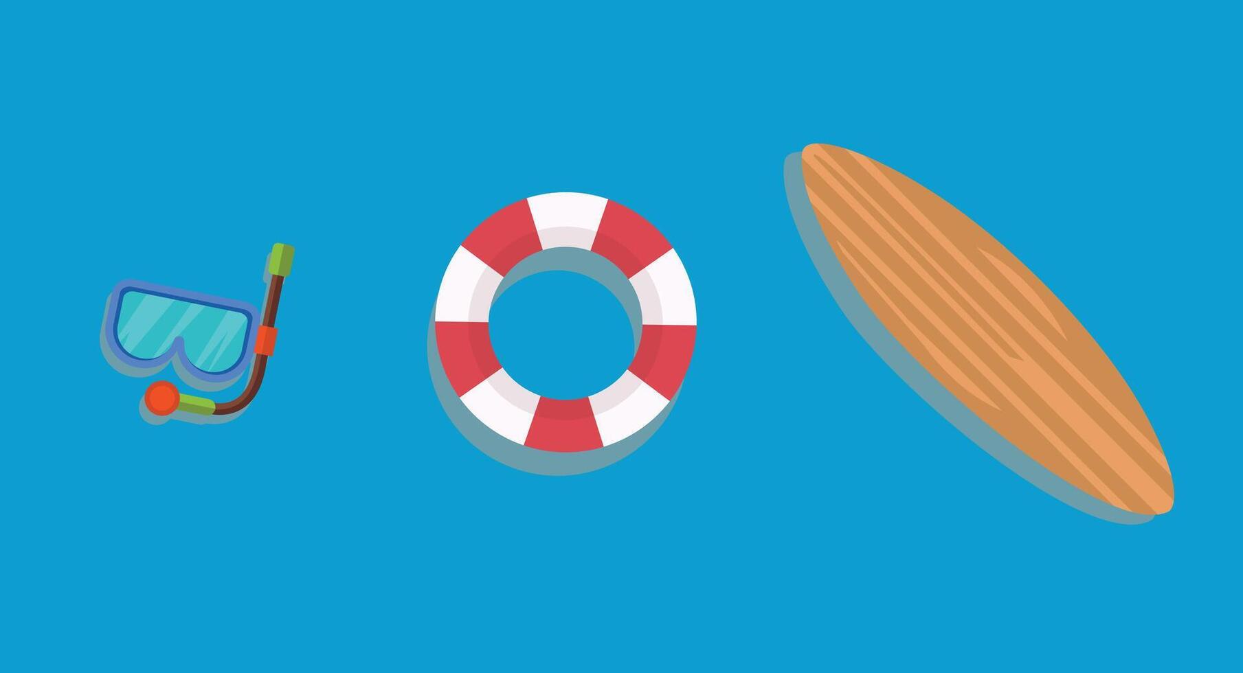 Flat design illustration of beach elements including a donut float, diving mask with snorkel, and an inflatable raft, representing fun, water activities, and summer relaxation on a clean background. vector