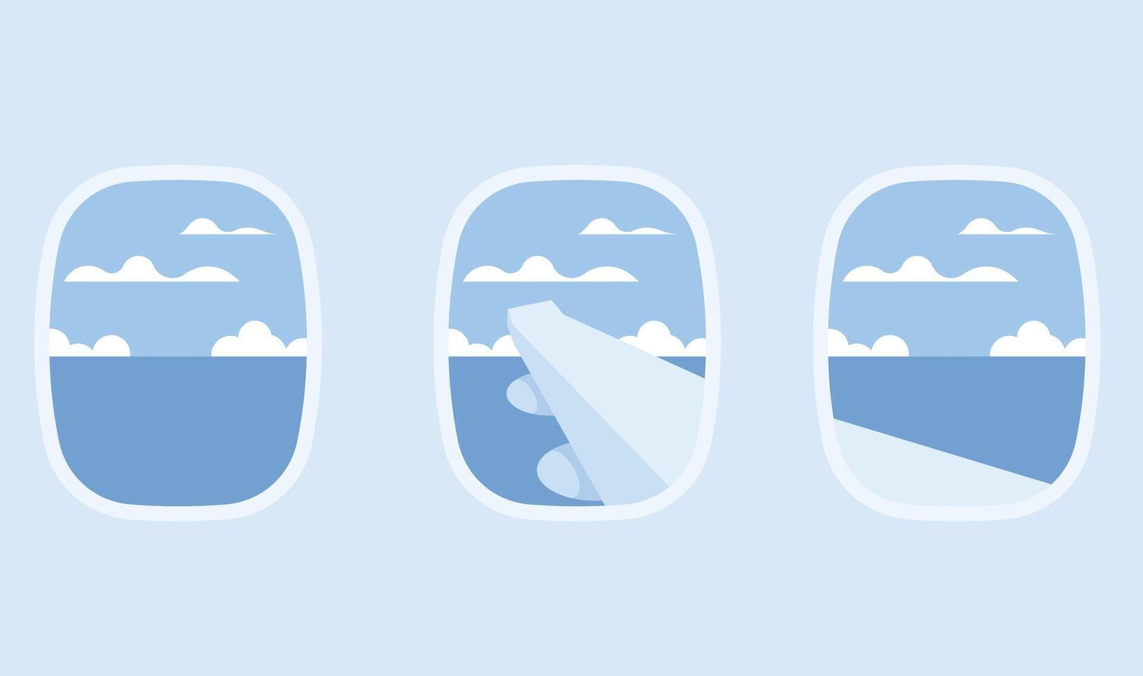 Flat design illustration of an airplane window with a view of the plane wing and sky, symbolizing air travel, adventure, and the excitement of flying vector