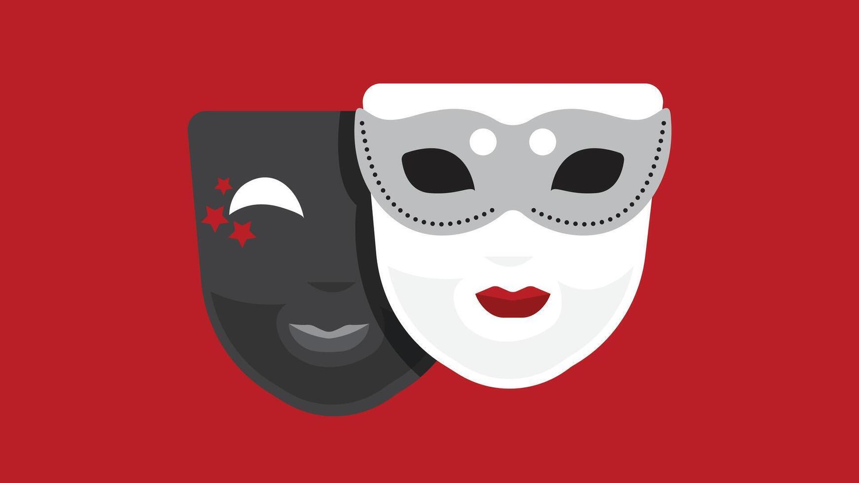 Stylized illustration of theater symbols featuring the iconic masks of happy and sad faces, representing the dual nature of performance and the emotional range of theater vector