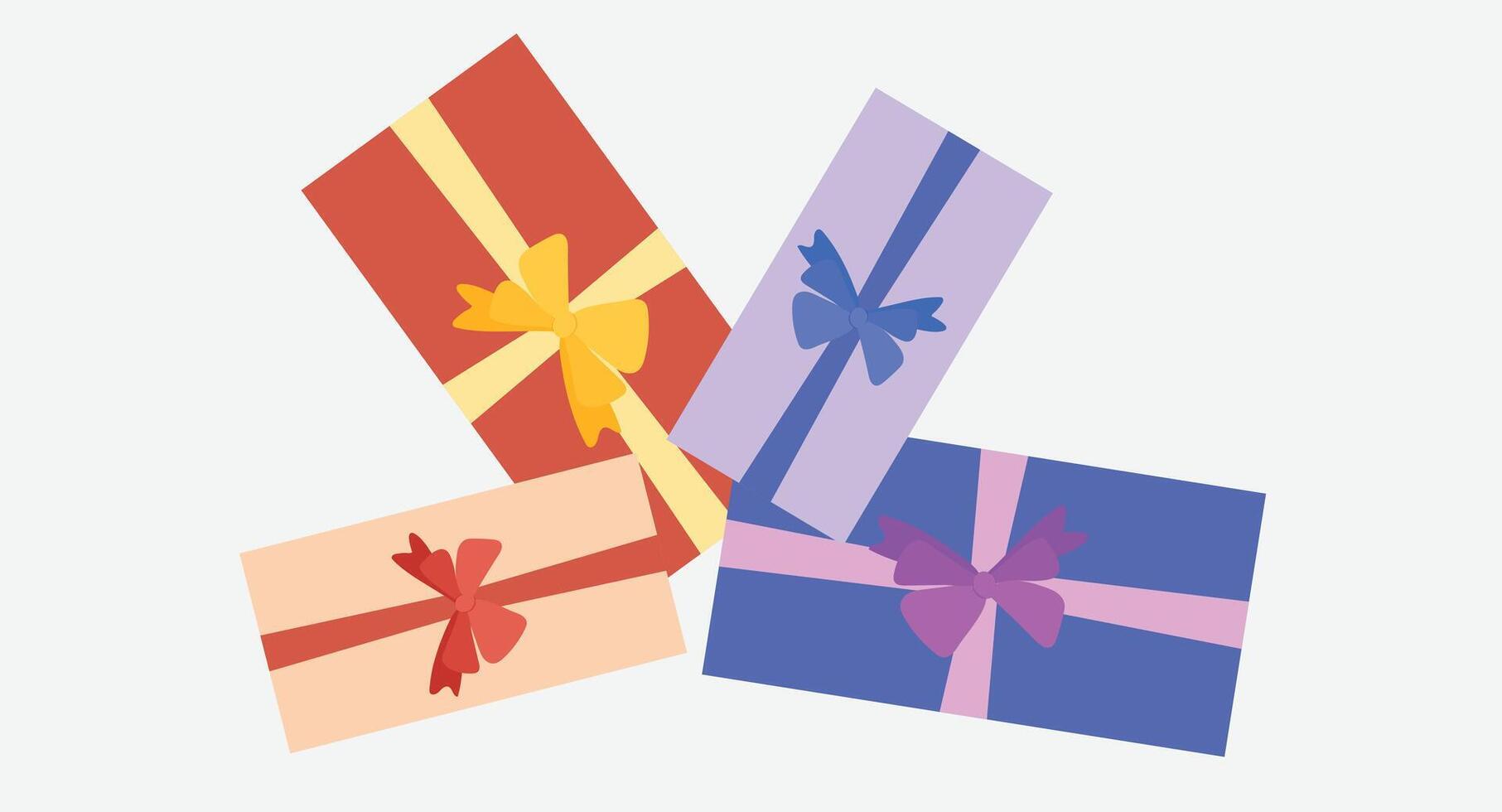 Flat design illustration of multiple carefully wrapped presents viewed from the top, featuring ribbons, bows, and patterned paper, creating a festive and organized gift-giving vector