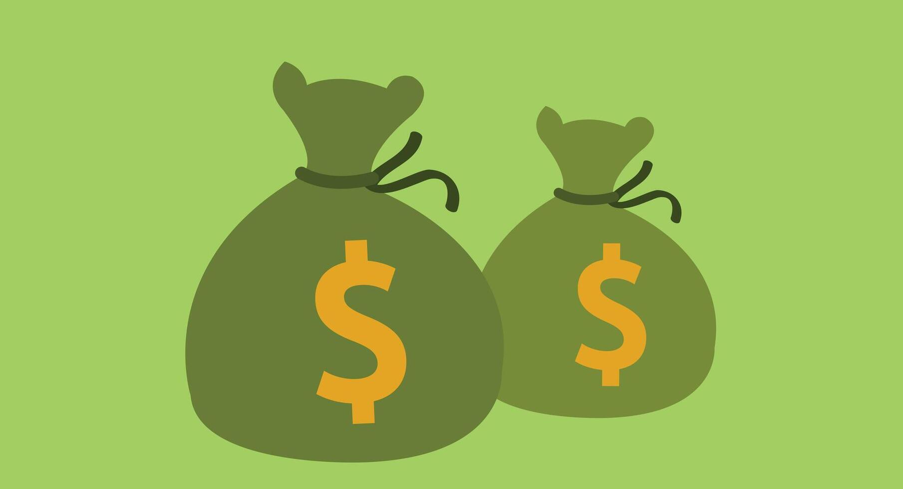 Flat design illustration of green bags filled with money, isolated against a clean background, symbolizing wealth, savings, and financial success in a minimalist and modern style. vector