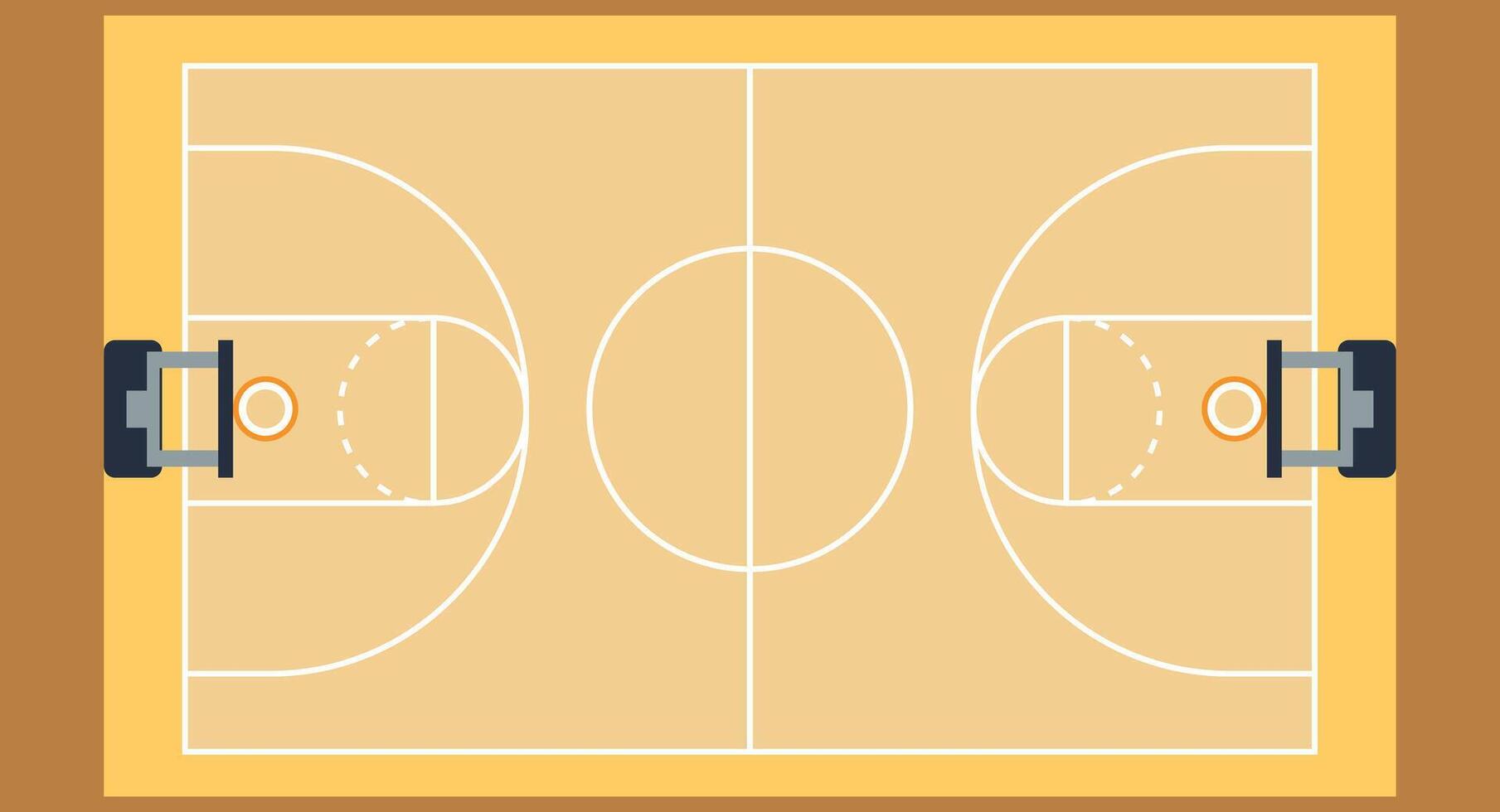 Flat design illustration of a basketball court viewed from the top, featuring clear markings, hoops, and vibrant court colors, emphasizing sport layout and game strategy on a solid background vector