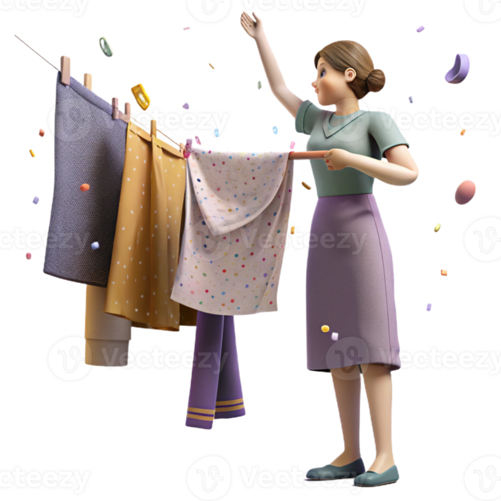 elegant creative Woman Hanging Laundry on Clothesline Cutout high resolution png