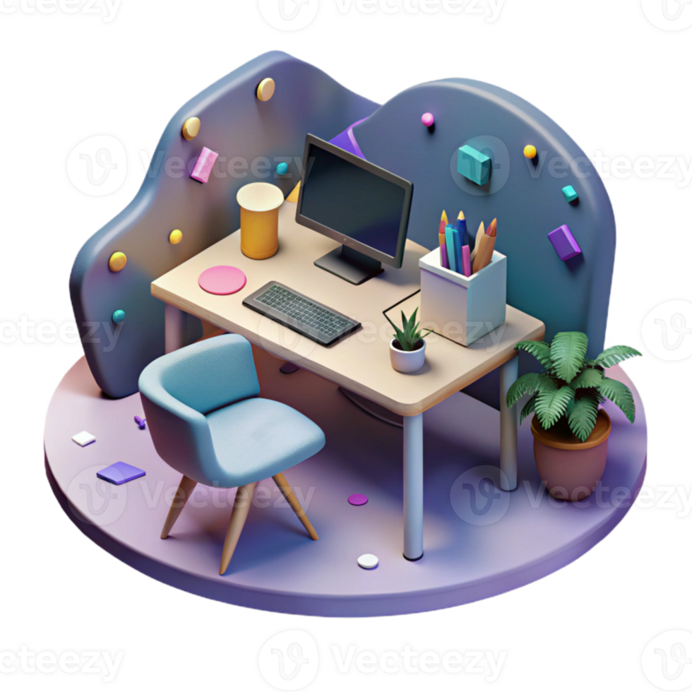 beautiful artistic Virtual Office Environment Desk and Computer Isolated Element premium png