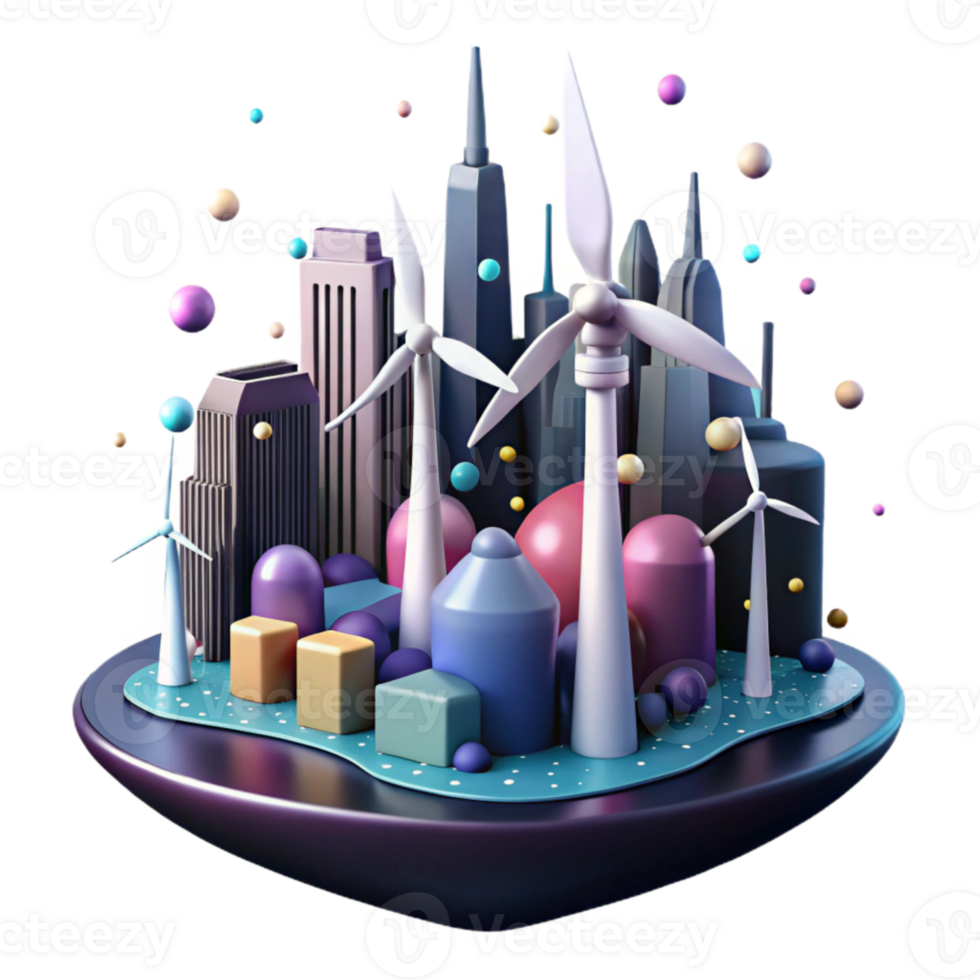 magnificent modern Sustainable City Skyline with Wind Turbines Isolated high resolution png