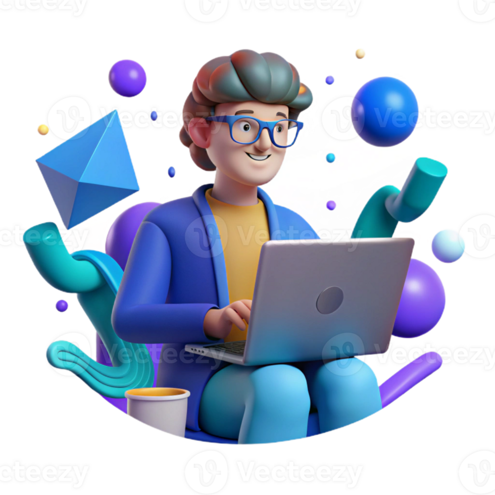 dramatic artistic Individual Working on Laptop Blue Isolated professional png