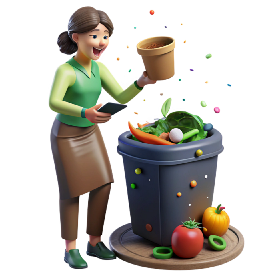 vibrant modern Woman Composting Food Scraps Side View with Transparent Background exclusive png