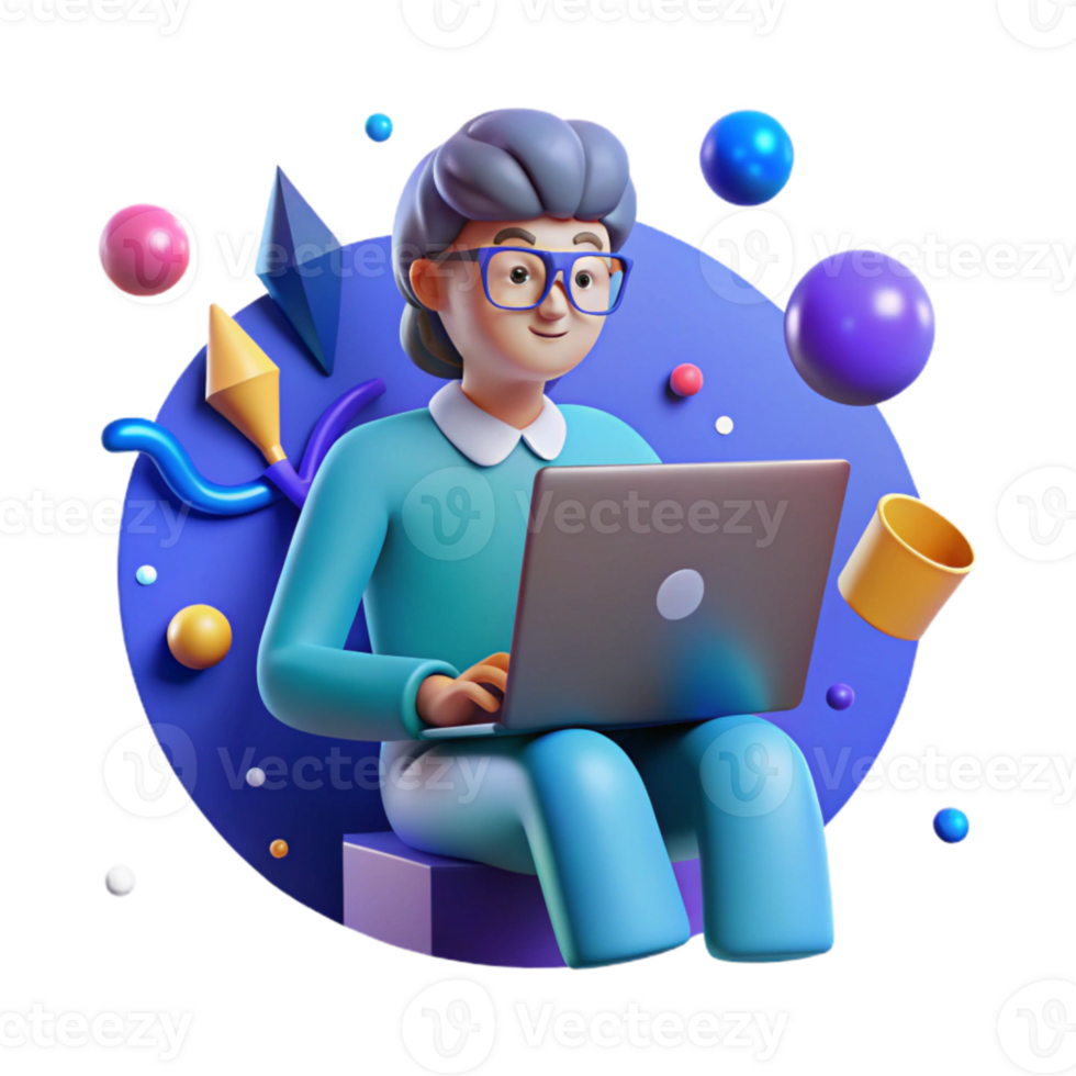 wonderful artistic Individual Working on Laptop Blue Isolated authentic png