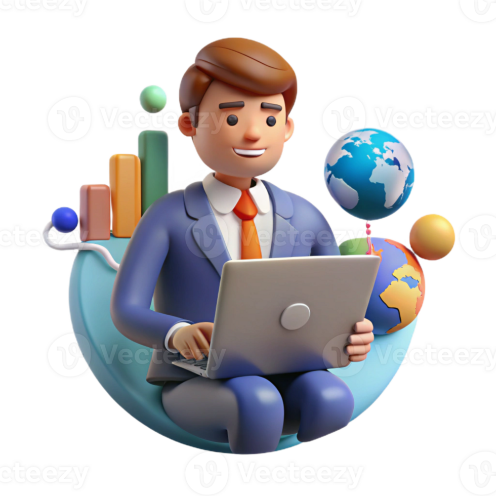 dramatic minimalist Businessman Analyzing Global Economy Data on Laptop Isolated Element authentic png