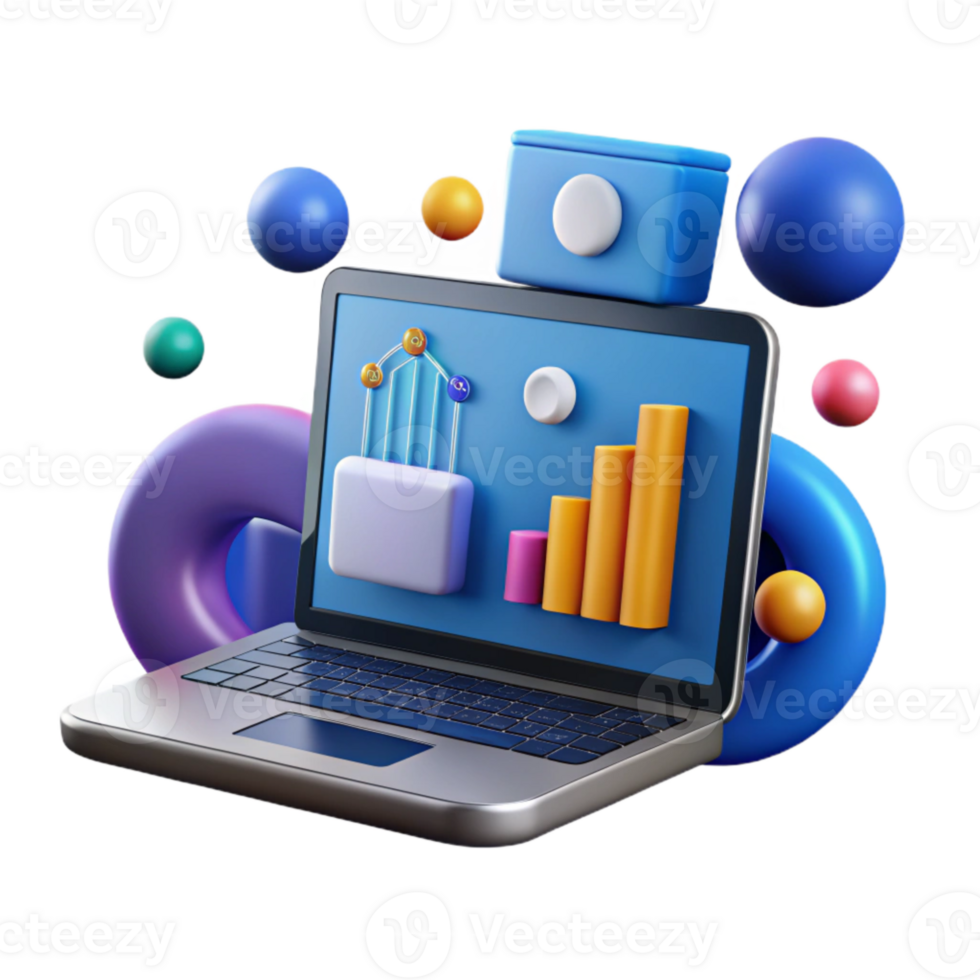 beautiful artistic Laptop Displaying Information Chart Blue Cutout detailed png