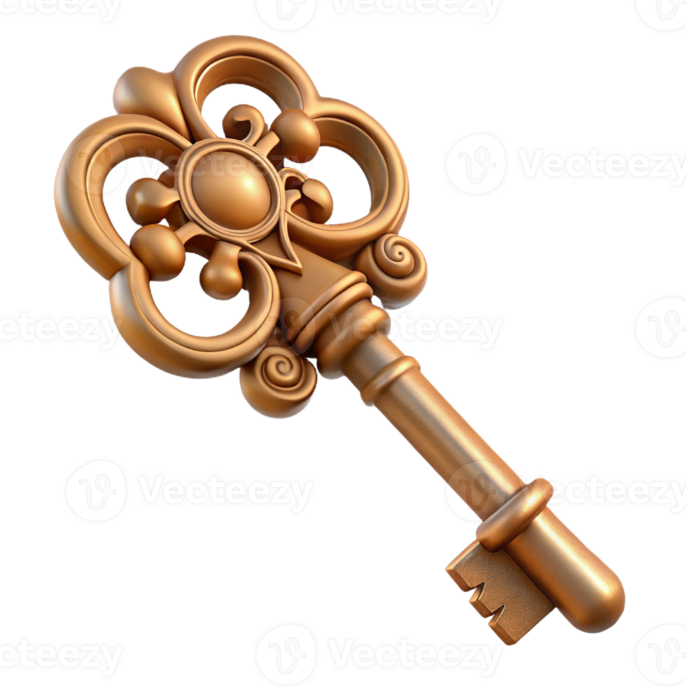 stunning vintage A single, detailed, antique key with intricate carvings with Transparent Background professional png