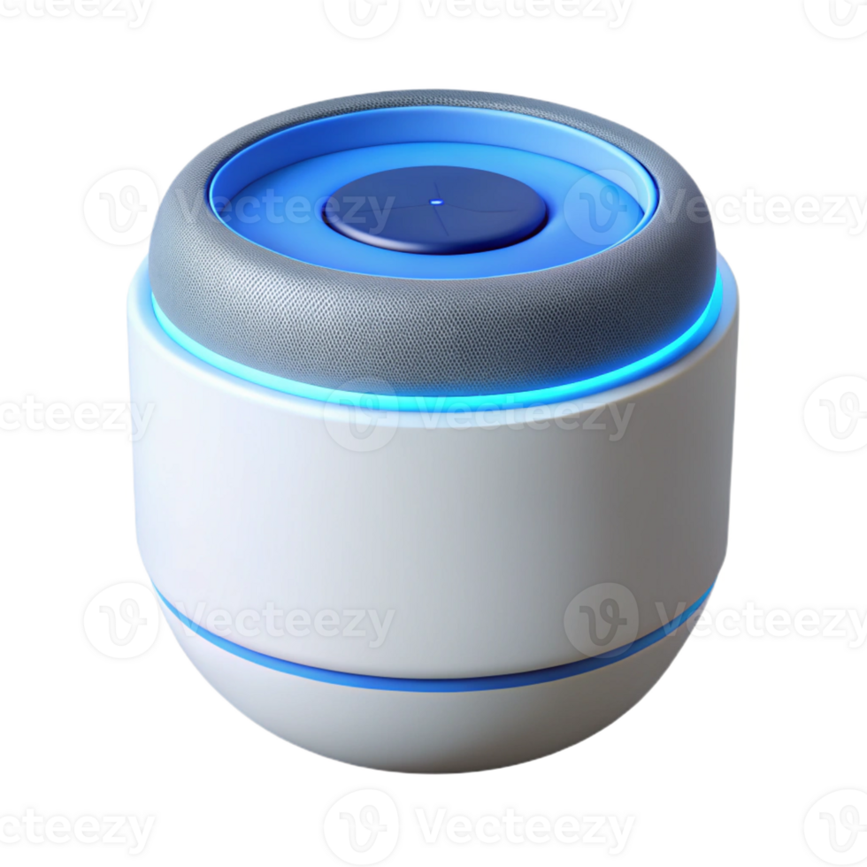 spectacular artistic Hyper-specific, professional render of a modern, white smart speaker with a blue LED ring with Transparent Background high resolution png