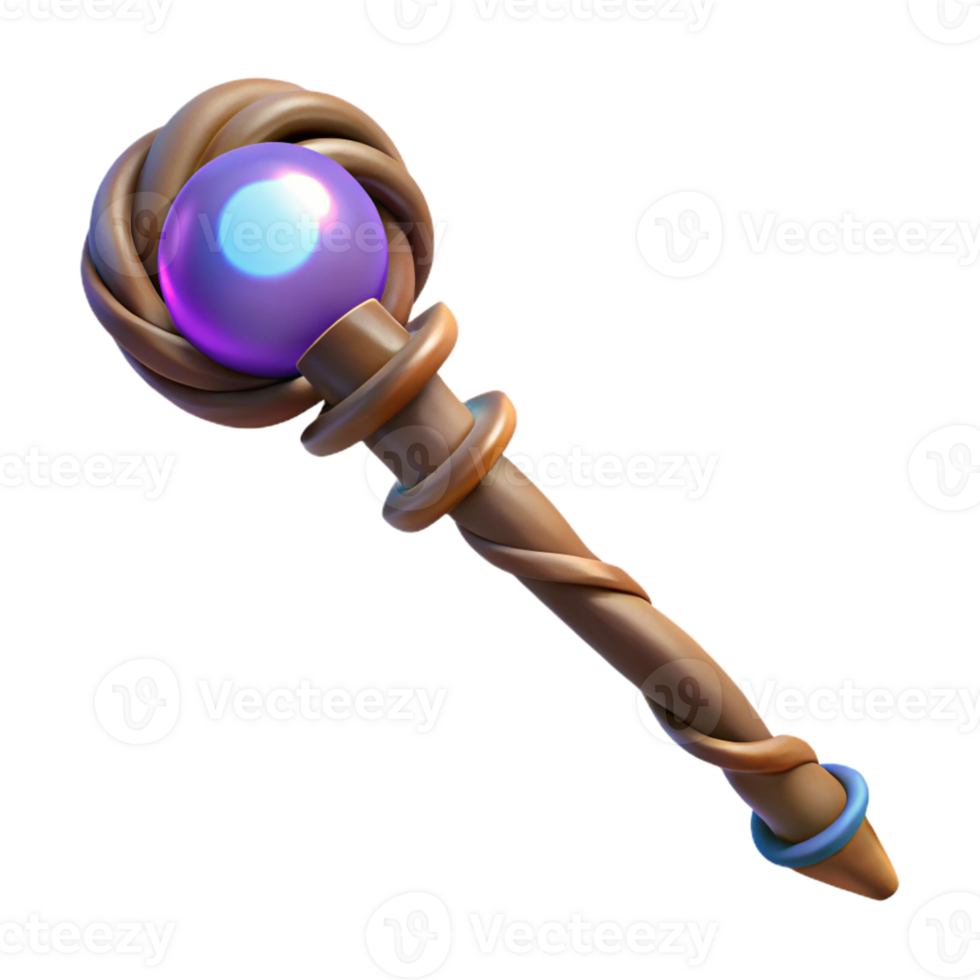 intense serene Photorealistic, professional render of a single, magic staff, twisted wood, glowing orb at the top with Transparent Background perfect clarity png